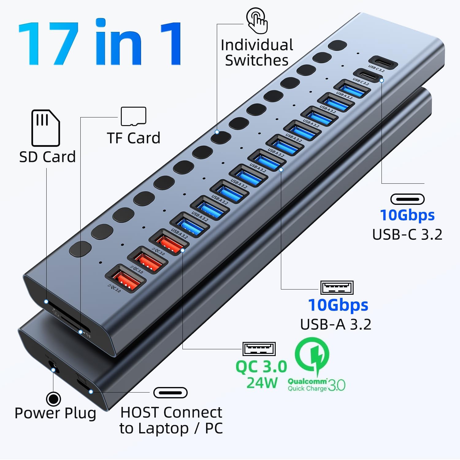 17-Port USB 3.2 Hub with Fast Charging